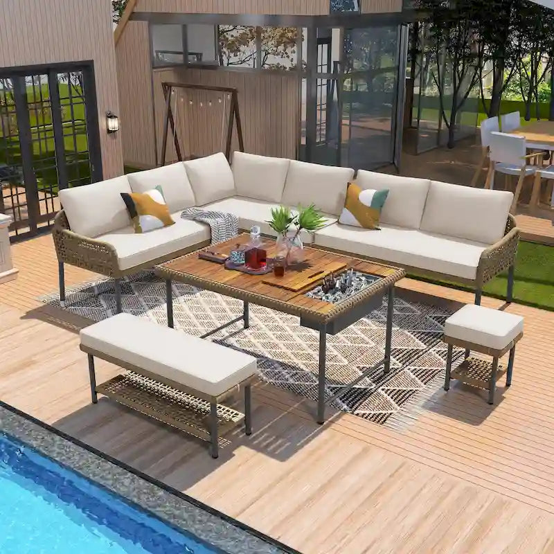 Ensemble de canapés de jardin modulables en forme de L, 6 pièces, en corde tressée, avec table basse de rangement, poufs et banc.