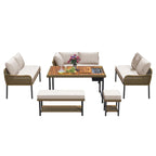 Ensemble de canapés de jardin modulables en forme de L, 6 pièces, en corde tressée, avec table basse de rangement, poufs et banc.