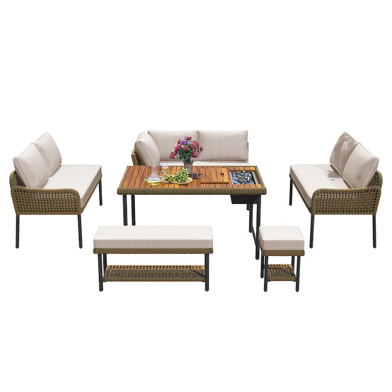Ensemble de canapés de jardin modulables en forme de L, 6 pièces, en corde tressée, avec table basse de rangement, poufs et banc.