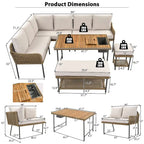 Ensemble de canapés de jardin modulables en forme de L, 6 pièces, en corde tressée, avec table basse de rangement, poufs et banc.