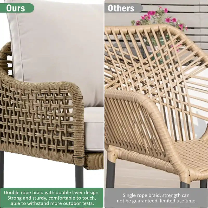 Ensemble de canapés de jardin modulables en forme de L, 6 pièces, en corde tressée, avec table basse de rangement, poufs et banc.