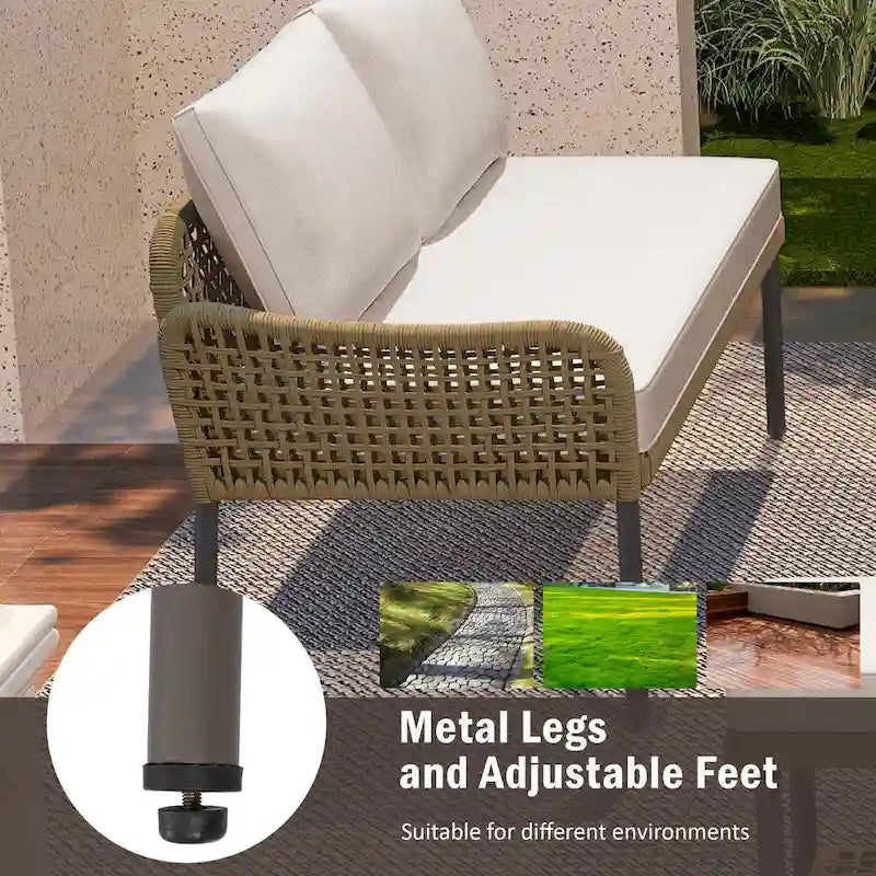Ensemble de canapés de jardin modulables en forme de L, 6 pièces, en corde tressée, avec table basse de rangement, poufs et banc.