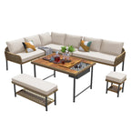 Ensemble de canapés de jardin modulables en forme de L, 6 pièces, en corde tressée, avec table basse de rangement, poufs et banc.