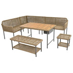 Ensemble de canapés de jardin modulables en forme de L, 6 pièces, en corde tressée, avec table basse de rangement, poufs et banc.