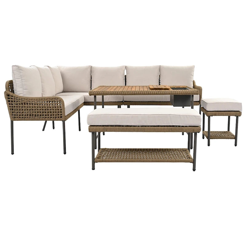 Ensemble de canapés de jardin modulables en forme de L, 6 pièces, en corde tressée, avec table basse de rangement, poufs et banc.