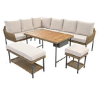 Ensemble de canapés de jardin modulables en forme de L, 6 pièces, en corde tressée, avec table basse de rangement, poufs et banc.