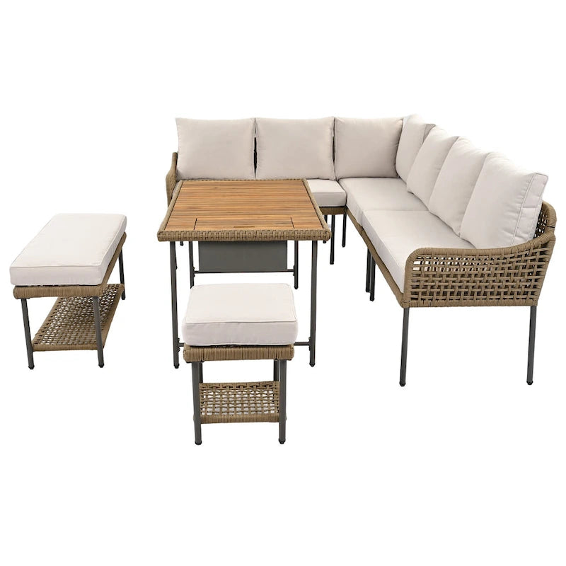 Ensemble de canapés de jardin modulables en forme de L, 6 pièces, en corde tressée, avec table basse de rangement, poufs et banc.