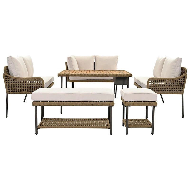 Ensemble de canapés de jardin modulables en forme de L, 6 pièces, en corde tressée, avec table basse de rangement, poufs et banc.