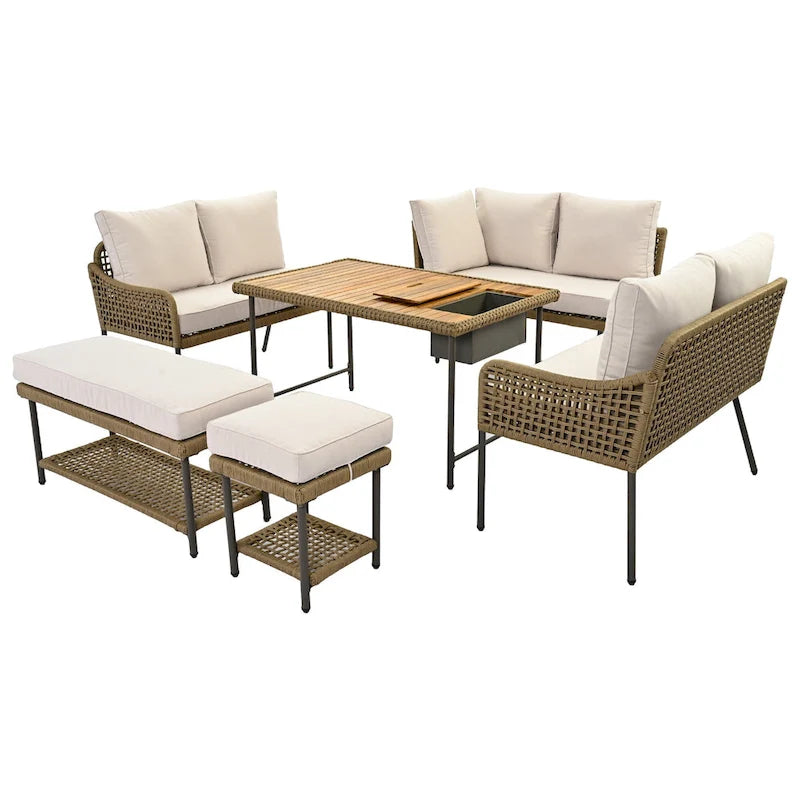 Ensemble de canapés de jardin modulables en forme de L, 6 pièces, en corde tressée, avec table basse de rangement, poufs et banc.