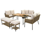 Ensemble de canapés de jardin modulables en forme de L, 6 pièces, en corde tressée, avec table basse de rangement, poufs et banc.