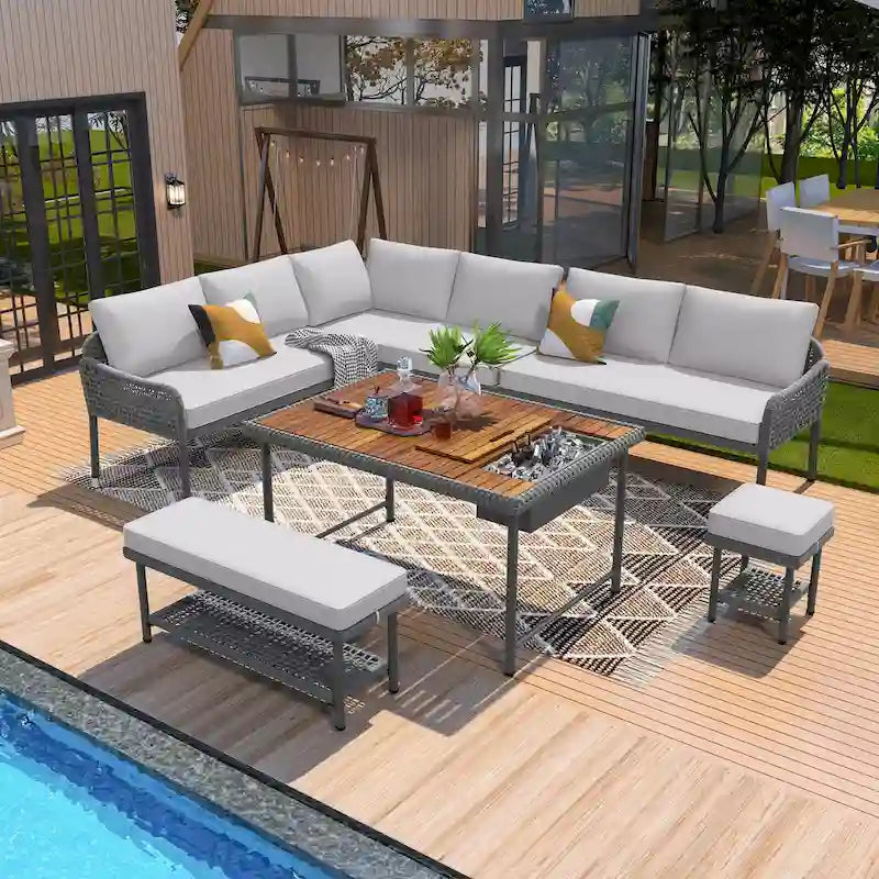 Ensemble de canapés de jardin modulables en forme de L, 6 pièces, en corde tressée, avec table basse de rangement, poufs et banc.