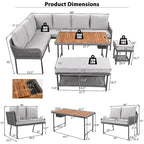 Ensemble de canapés de jardin modulables en forme de L, 6 pièces, en corde tressée, avec table basse de rangement, poufs et banc.