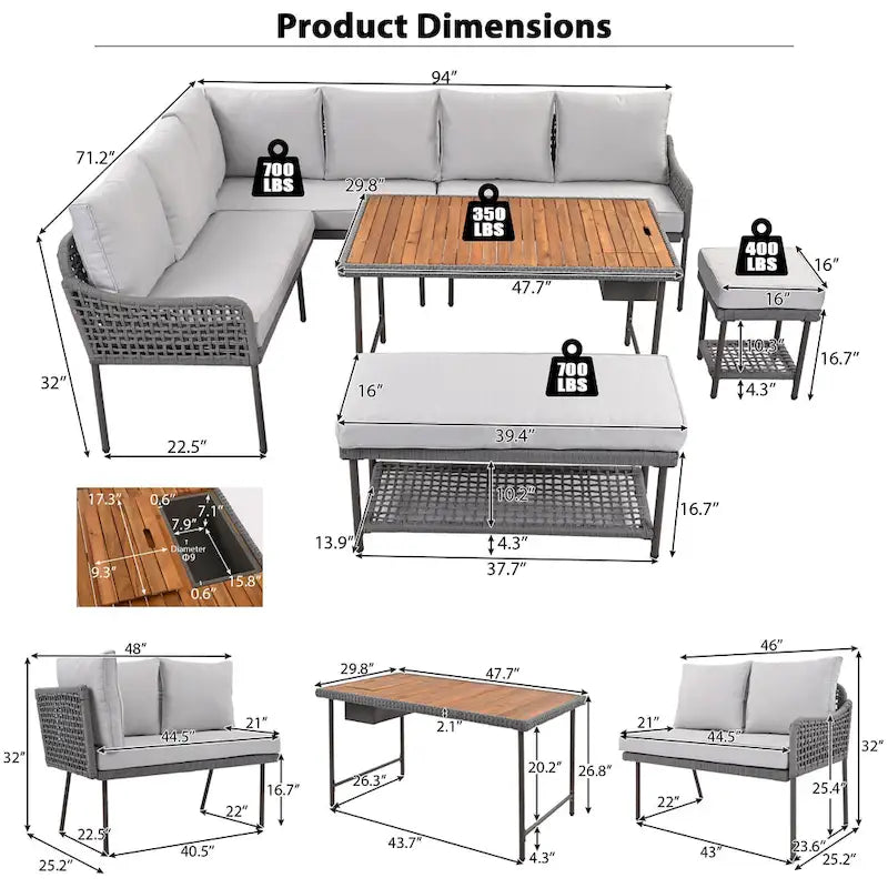 Ensemble de canapés de jardin modulables en forme de L, 6 pièces, en corde tressée, avec table basse de rangement, poufs et banc.