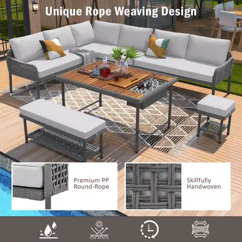 Ensemble de canapés de jardin modulables en forme de L, 6 pièces, en corde tressée, avec table basse de rangement, poufs et banc.
