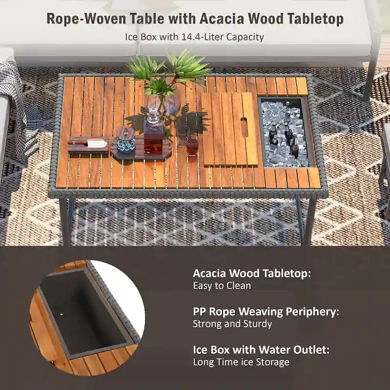 Ensemble de canapés de jardin modulables en forme de L, 6 pièces, en corde tressée, avec table basse de rangement, poufs et banc.