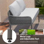 Ensemble de canapés de jardin modulables en forme de L, 6 pièces, en corde tressée, avec table basse de rangement, poufs et banc.
