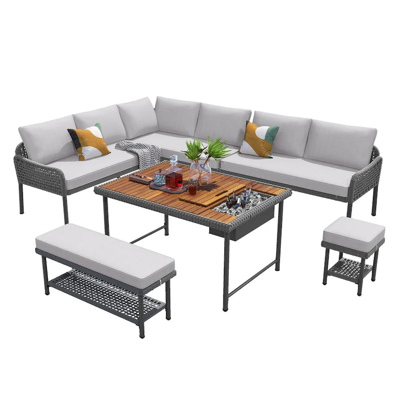 Ensemble de canapés de jardin modulables en forme de L, 6 pièces, en corde tressée, avec table basse de rangement, poufs et banc.