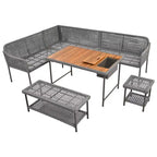 Ensemble de canapés de jardin modulables en forme de L, 6 pièces, en corde tressée, avec table basse de rangement, poufs et banc.
