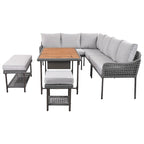 Ensemble de canapés de jardin modulables en forme de L, 6 pièces, en corde tressée, avec table basse de rangement, poufs et banc.