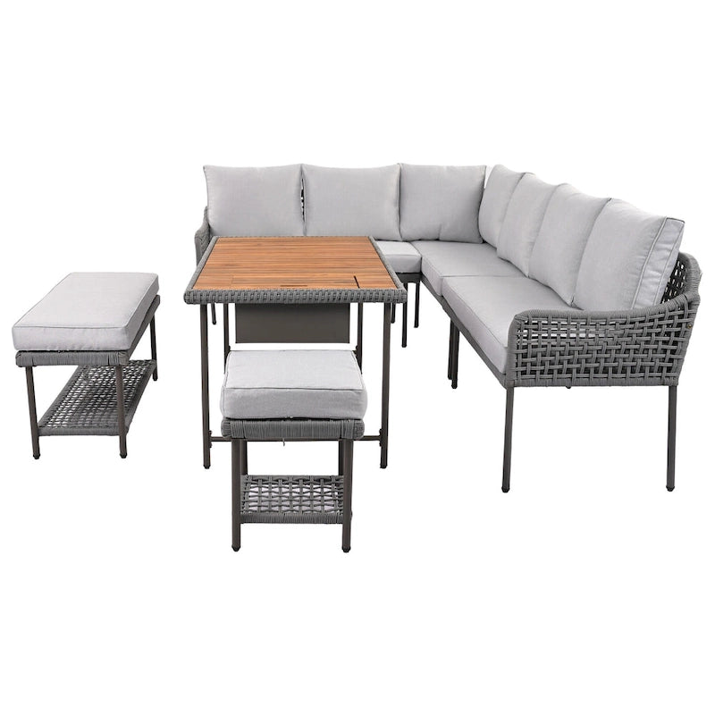 Ensemble de canapés de jardin modulables en forme de L, 6 pièces, en corde tressée, avec table basse de rangement, poufs et banc.