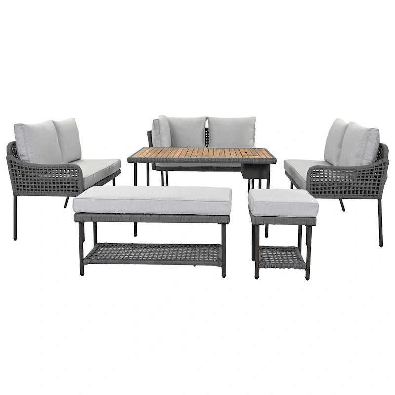 Ensemble de canapés de jardin modulables en forme de L, 6 pièces, en corde tressée, avec table basse de rangement, poufs et banc.