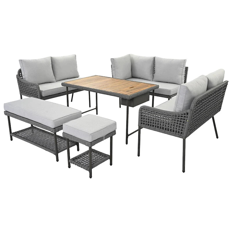 Ensemble de canapés de jardin modulables en forme de L, 6 pièces, en corde tressée, avec table basse de rangement, poufs et banc.