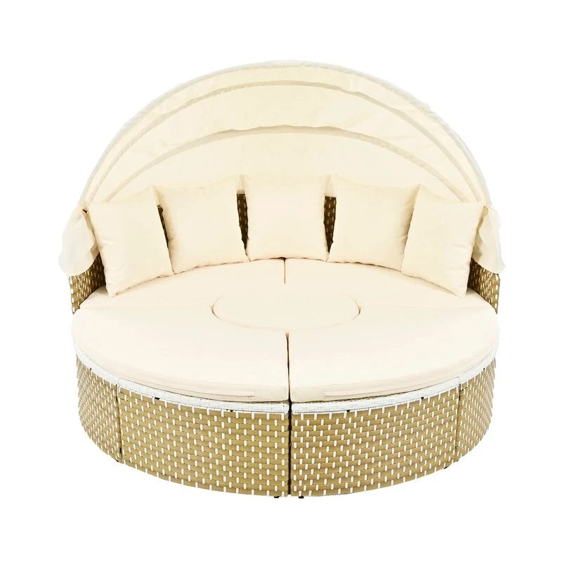 Ensemble de canapé d'angle rond pour patio – Lit de jardin en rotin bicolore avec auvent rétractable et sièges modulaires