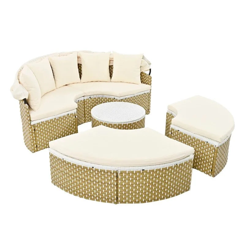 Ensemble de canapé d'angle rond pour patio – Lit de jardin en rotin bicolore avec auvent rétractable et sièges modulaires
