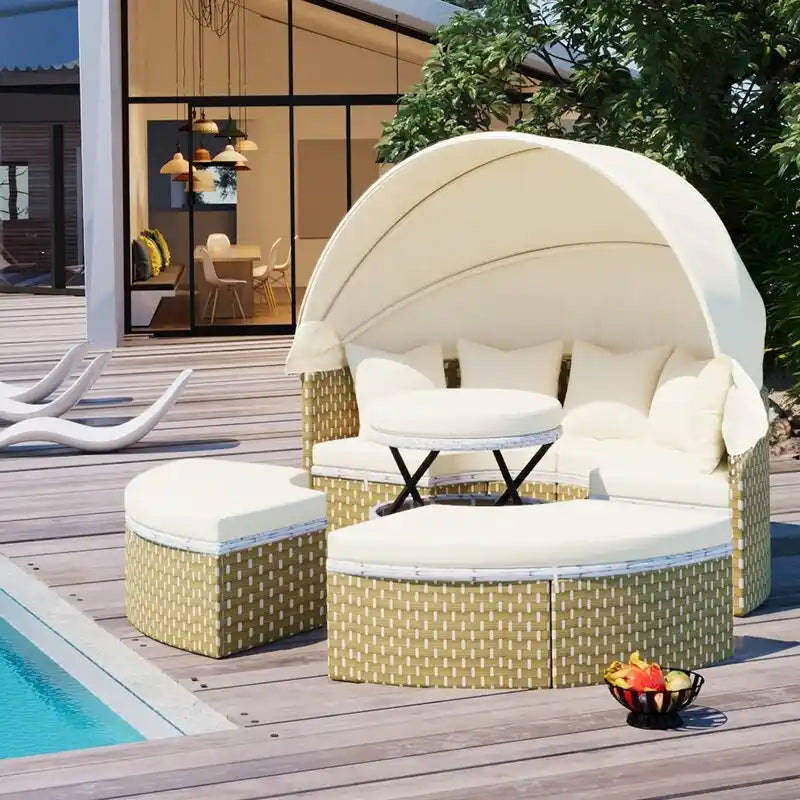 Ensemble de canapé d'angle rond pour patio – Lit de jardin en rotin bicolore avec auvent rétractable et sièges modulaires