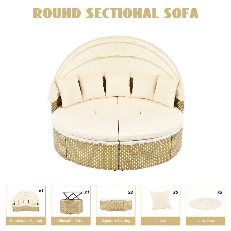 Ensemble de canapé d'angle rond pour patio – Lit de jardin en rotin bicolore avec auvent rétractable et sièges modulaires