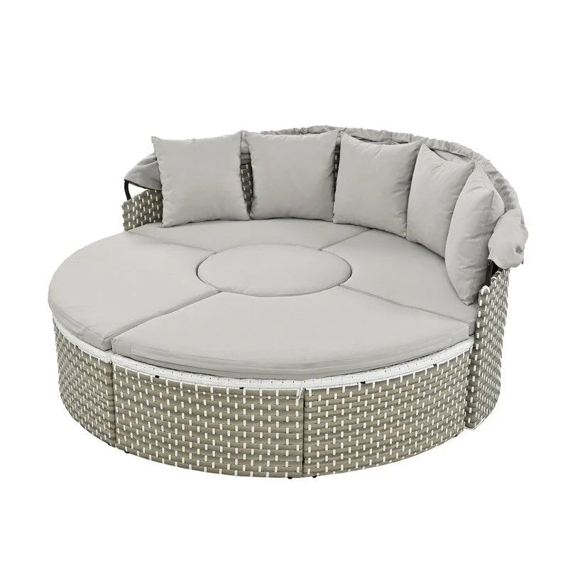 Ensemble de canapé d'angle rond pour patio – Lit de jardin en rotin bicolore avec auvent rétractable et sièges modulaires