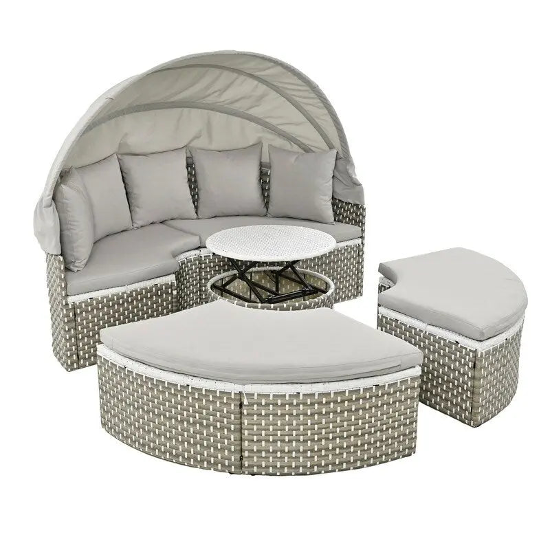 Ensemble de canapé d'angle rond pour patio – Lit de jardin en rotin bicolore avec auvent rétractable et sièges modulaires