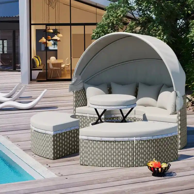 Ensemble de canapé d'angle rond pour patio – Lit de jardin en rotin bicolore avec auvent rétractable et sièges modulaires