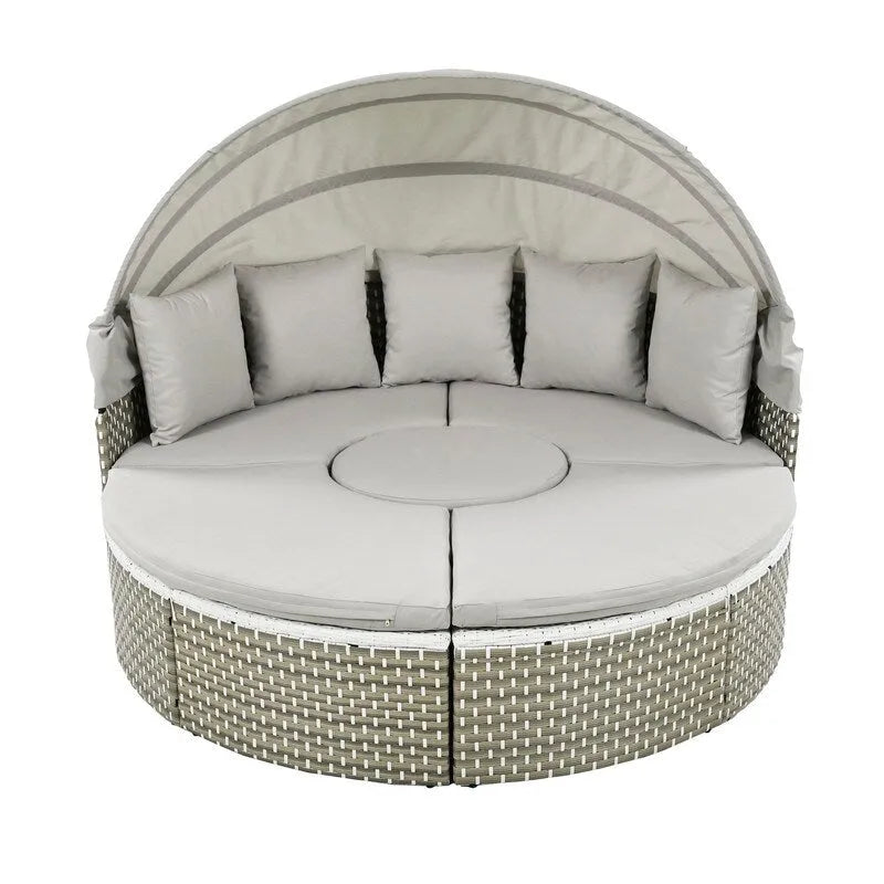 Ensemble de canapé d'angle rond pour patio – Lit de jardin en rotin bicolore avec auvent rétractable et sièges modulaires