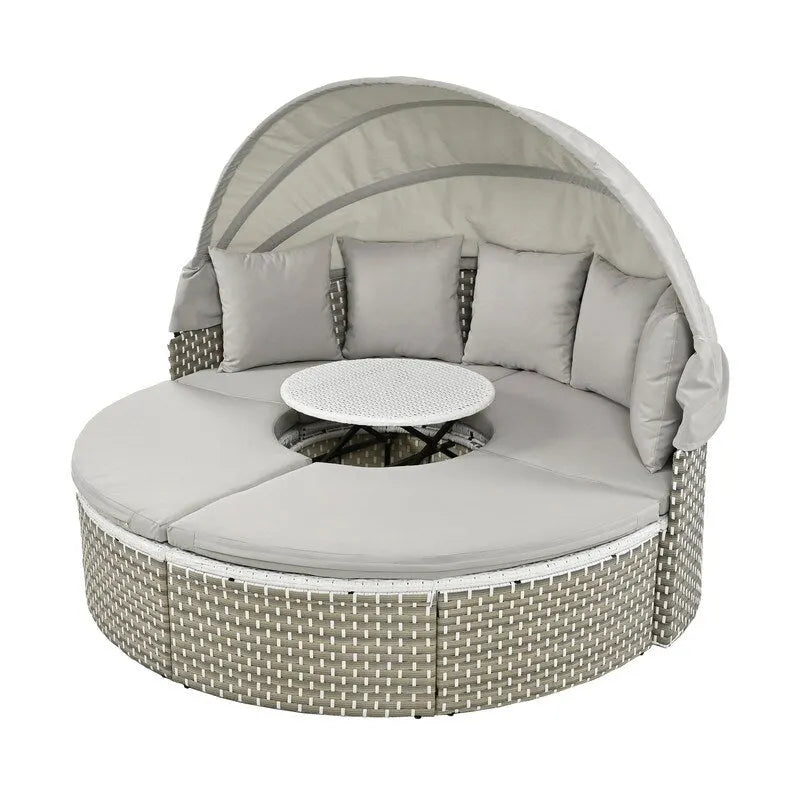 Ensemble de canapé d'angle rond pour patio – Lit de jardin en rotin bicolore avec auvent rétractable et sièges modulaires