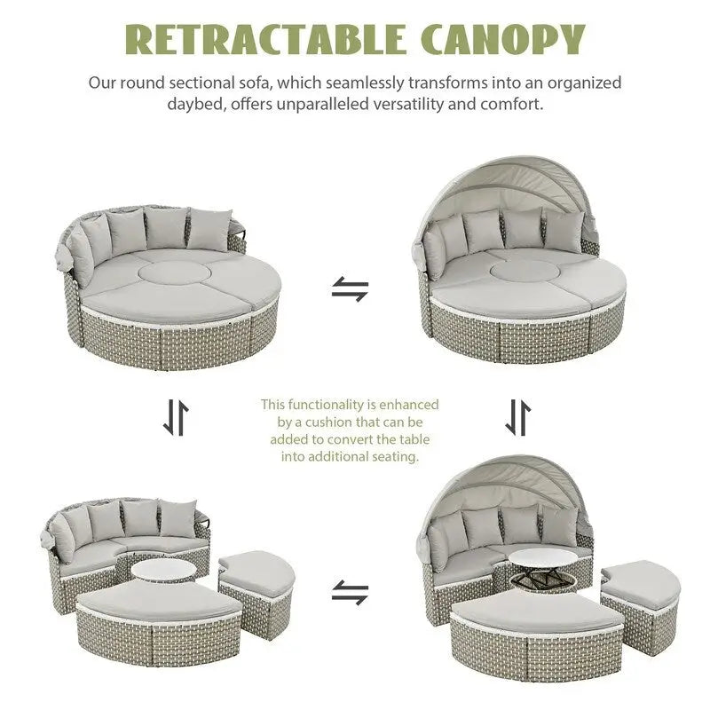Ensemble de canapé d'angle rond pour patio – Lit de jardin en rotin bicolore avec auvent rétractable et sièges modulaires