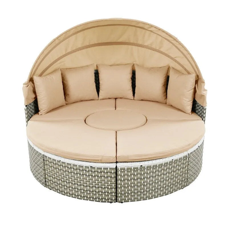 Ensemble de canapé d'angle rond pour patio – Lit de jardin en rotin bicolore avec auvent rétractable et sièges modulaires