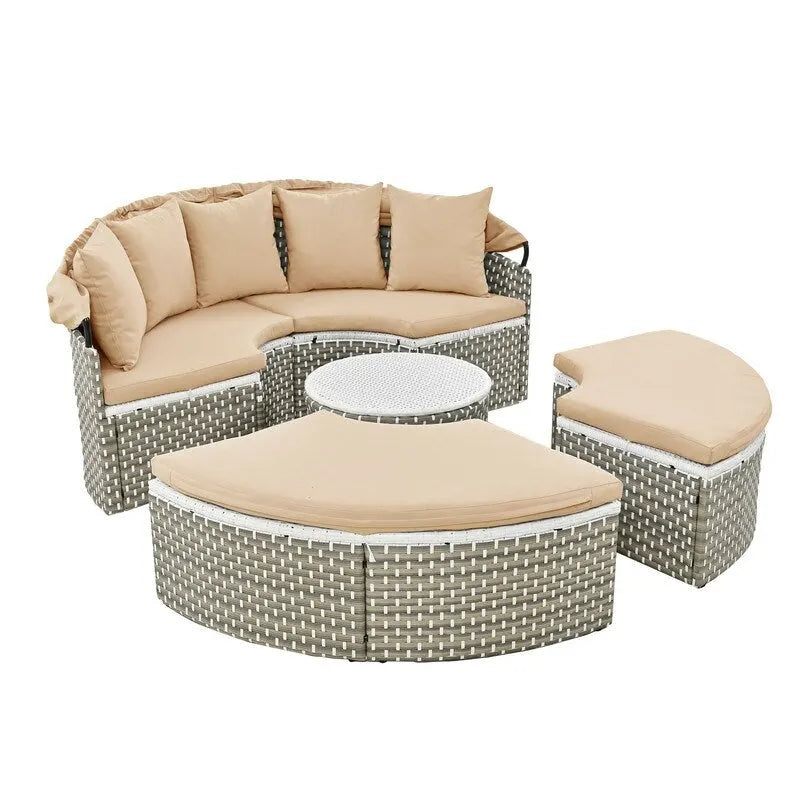 Ensemble de canapé d'angle rond pour patio – Lit de jardin en rotin bicolore avec auvent rétractable et sièges modulaires