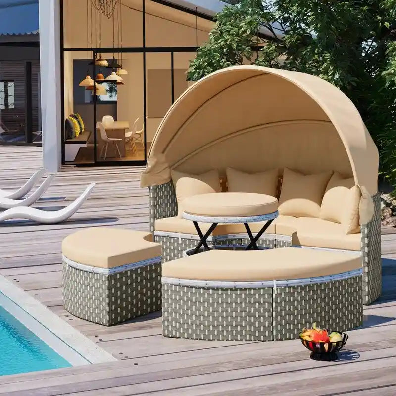 Ensemble de canapé d'angle rond pour patio – Lit de jardin en rotin bicolore avec auvent rétractable et sièges modulaires
