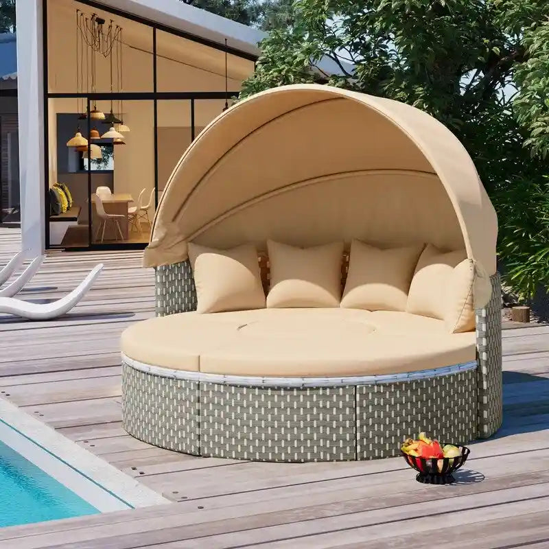 Ensemble de canapé d'angle rond pour patio – Lit de jardin en rotin bicolore avec auvent rétractable et sièges modulaires
