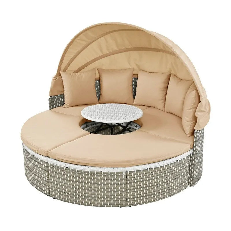 Ensemble de canapé d'angle rond pour patio – Lit de jardin en rotin bicolore avec auvent rétractable et sièges modulaires