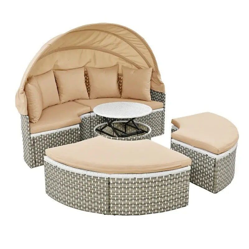 Ensemble de canapé d'angle rond pour patio – Lit de jardin en rotin bicolore avec auvent rétractable et sièges modulaires