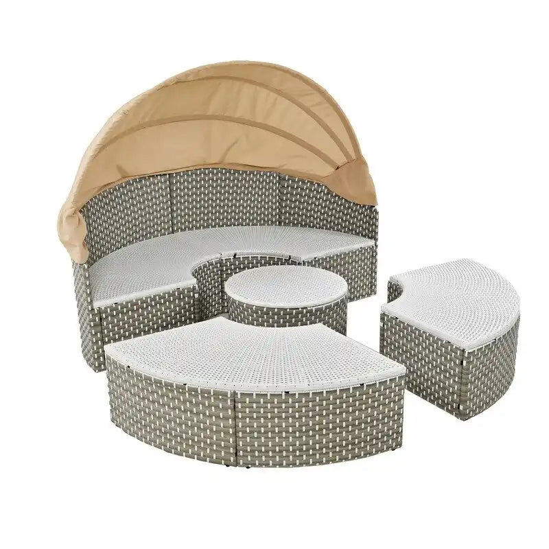 Ensemble de canapé d'angle rond pour patio – Lit de jardin en rotin bicolore avec auvent rétractable et sièges modulaires