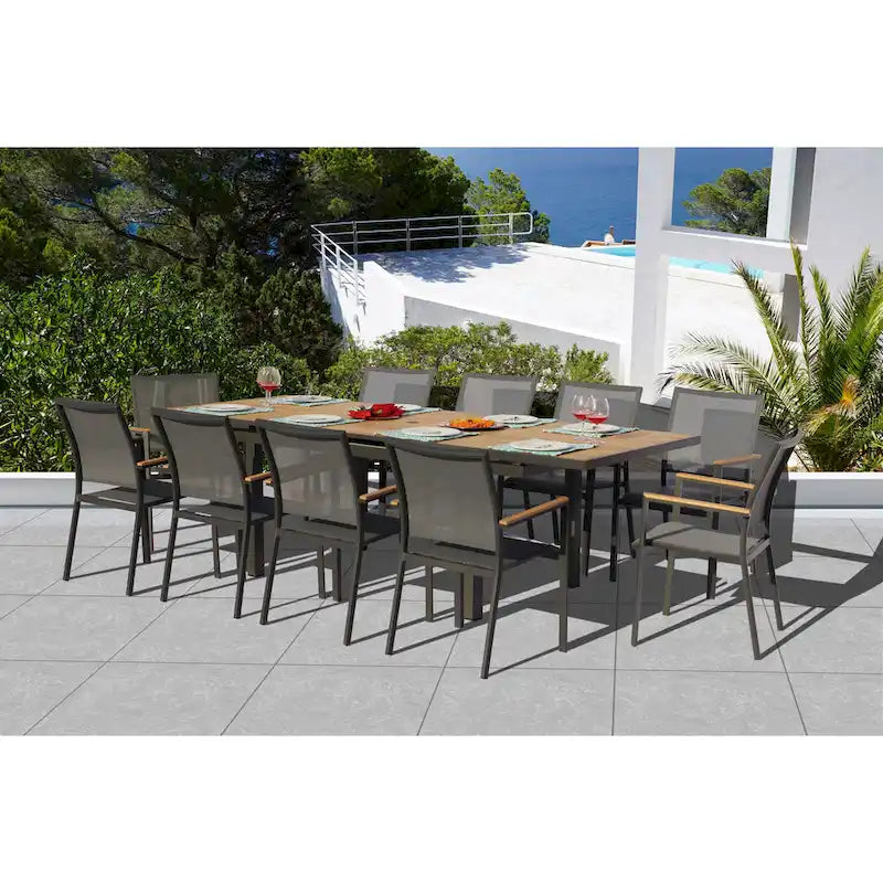 Ensemble repas d'extérieur 11 pièces Catania gris foncé en aluminium avec chaises en textilène coloris étain - S.O.
