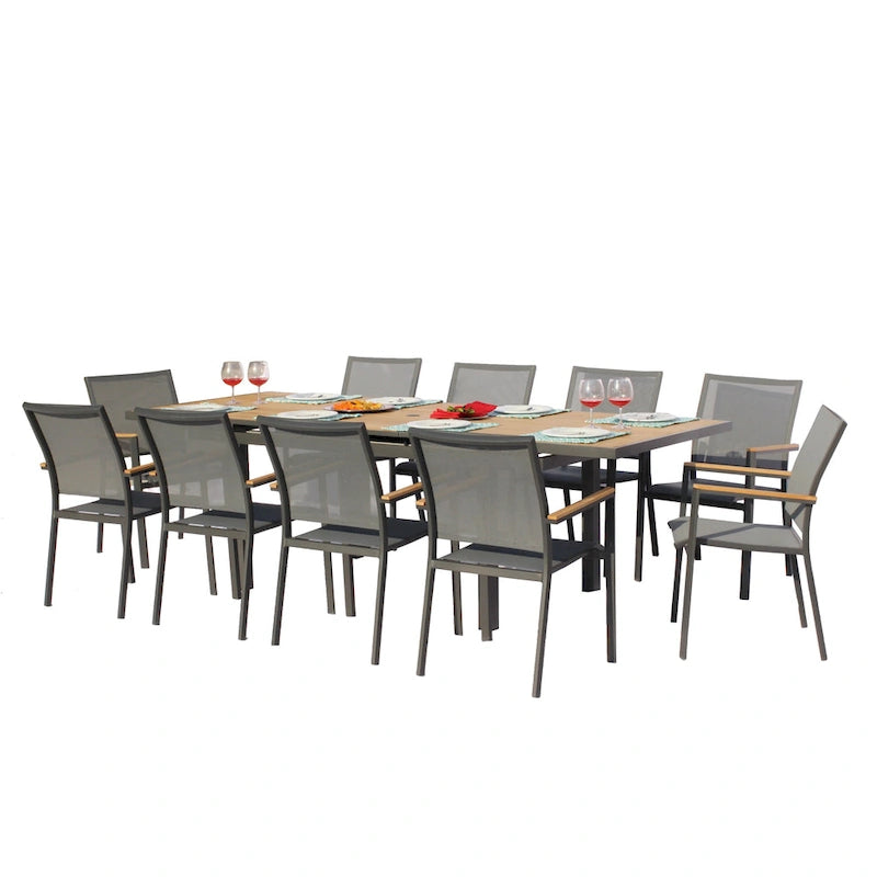 Ensemble repas d'extérieur 11 pièces Catania gris foncé en aluminium avec chaises en textilène coloris étain - S.O.