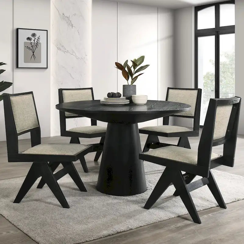 Ensemble de salle à manger rond moderne 5 pièces Evrena de Furniture of America en bois massif noir de 48 pouces