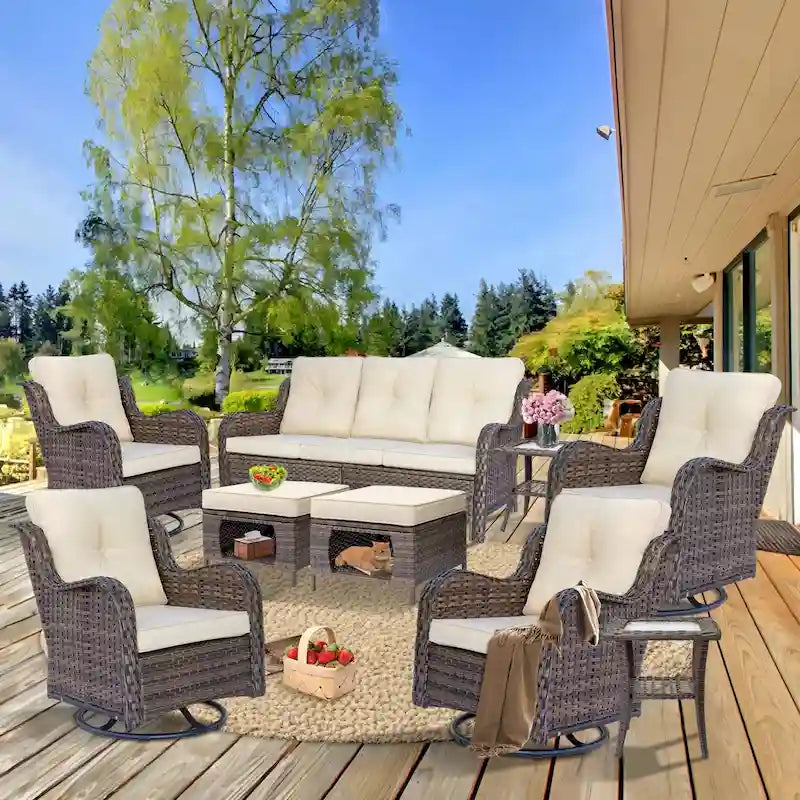 Ensemble de mobilier de jardin 9 pièces en osier avec fauteuil pivotant et ottoman