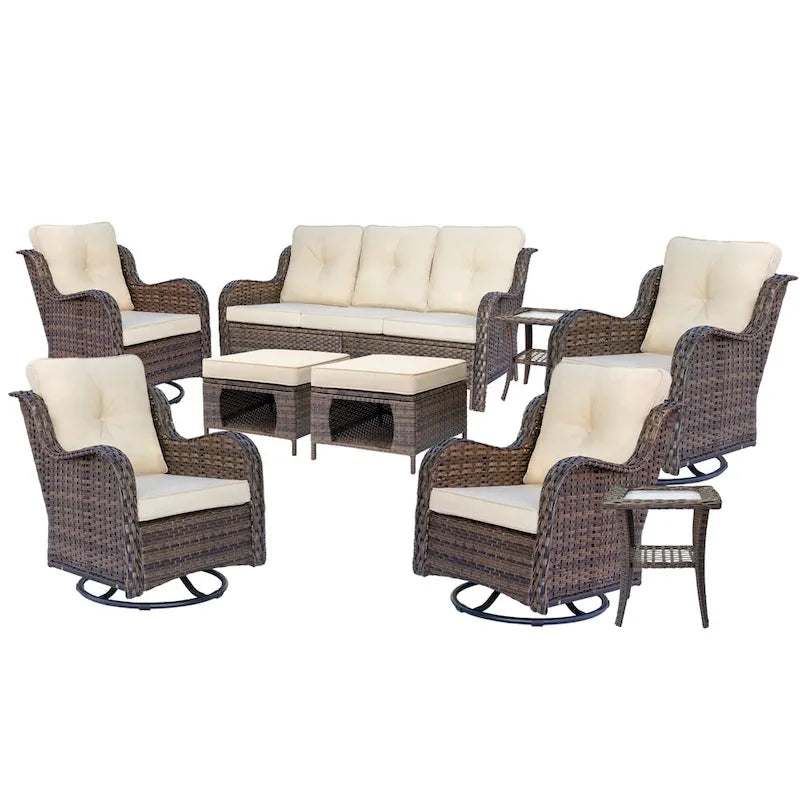 Ensemble de mobilier de jardin 9 pièces en osier avec fauteuil pivotant et ottoman
