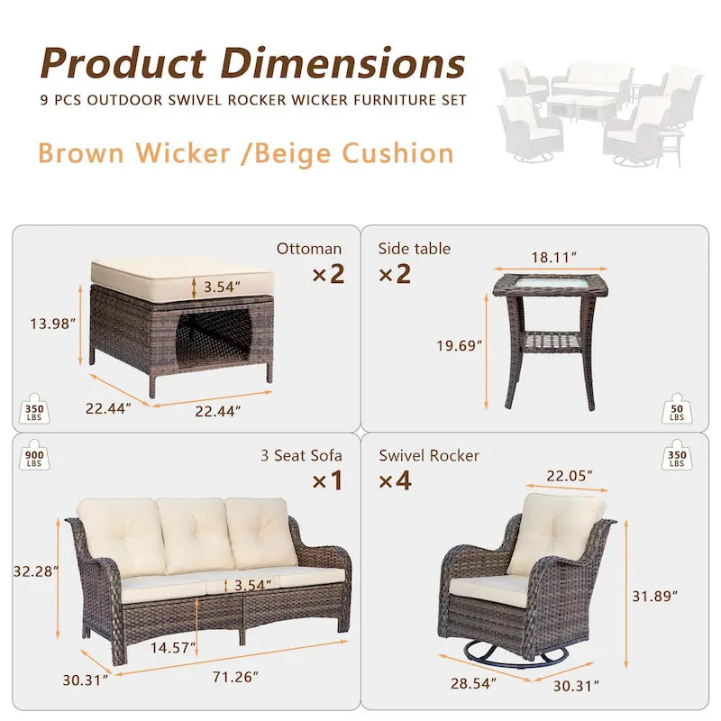 Ensemble de mobilier de jardin 9 pièces en osier avec fauteuil pivotant et ottoman