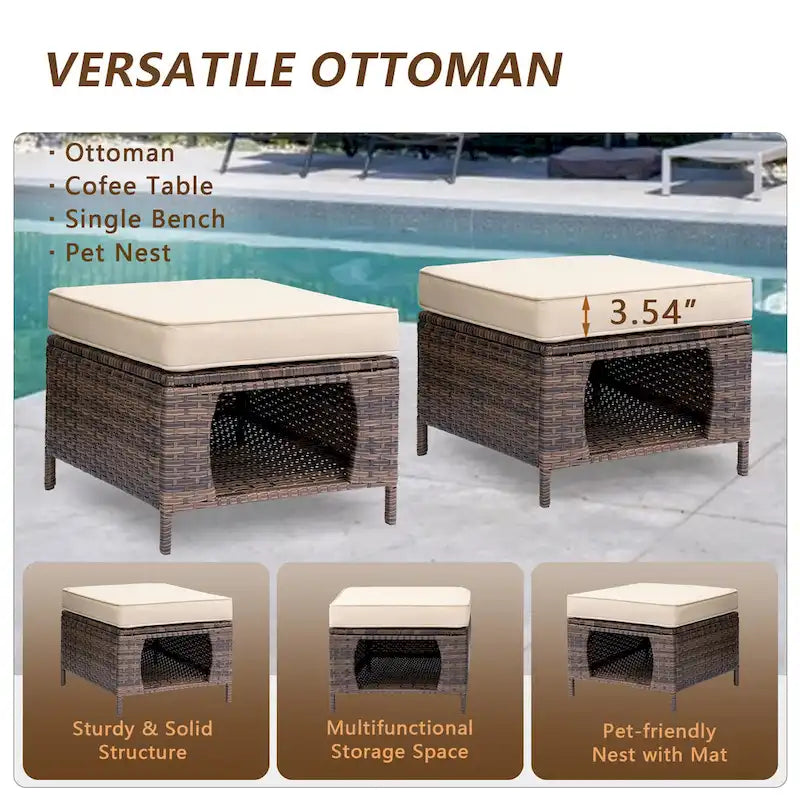 Ensemble de mobilier de jardin 9 pièces en osier avec fauteuil pivotant et ottoman